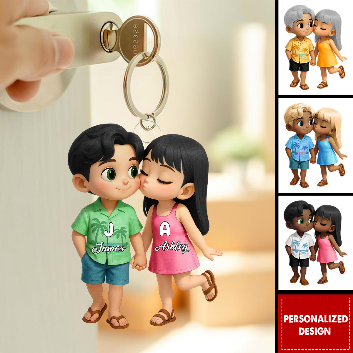 Cute Cartoon Couple Summer Vibe-Personalized Acrylic Keychain-Gift for him Or her