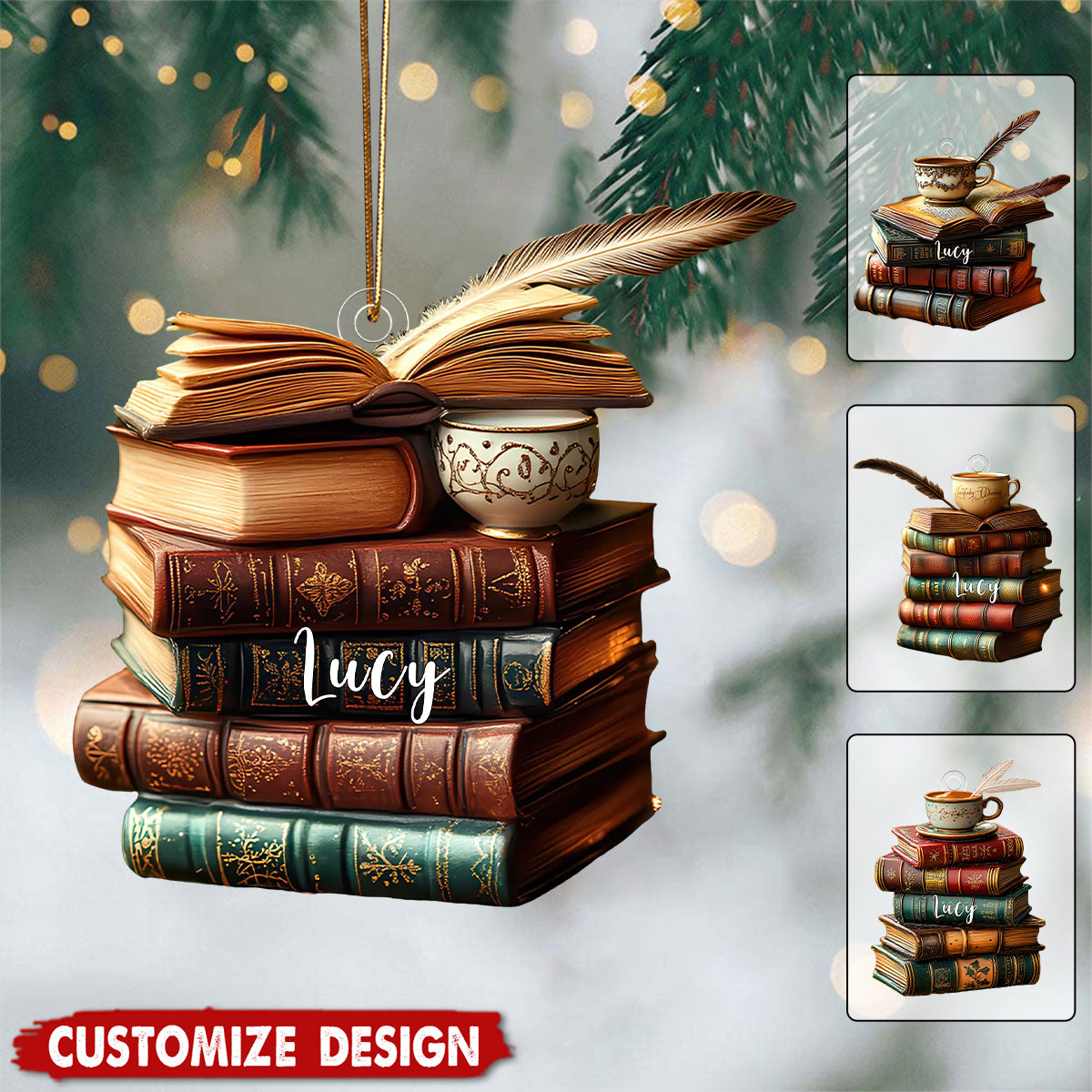 Personalized Vintage Book Stack Light Bauble Christmas Ornament - Gift For Book Lover