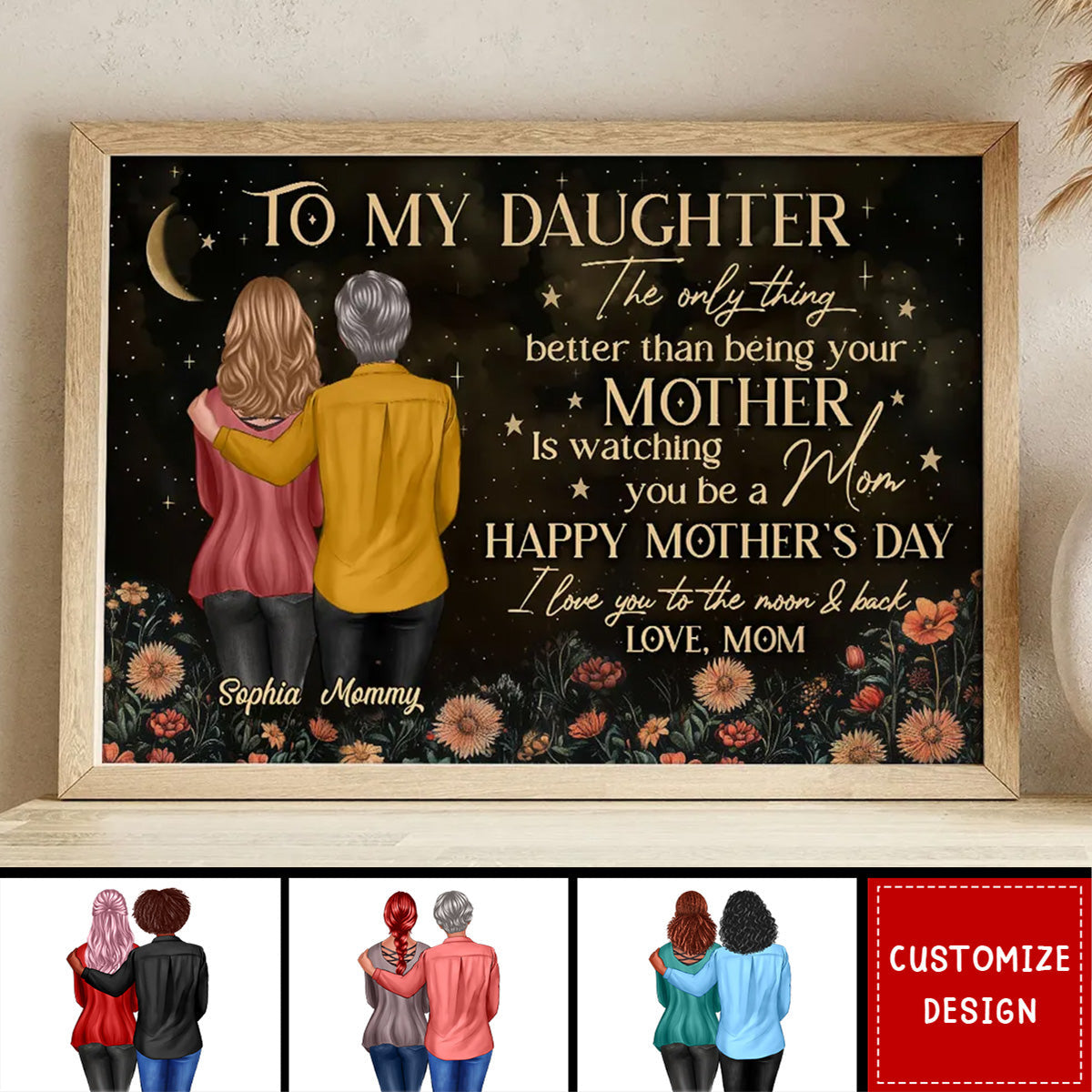 Vintage Flowers Gold Moon To My Daughter From Mom - Happy Mother's Day Personalized Poster