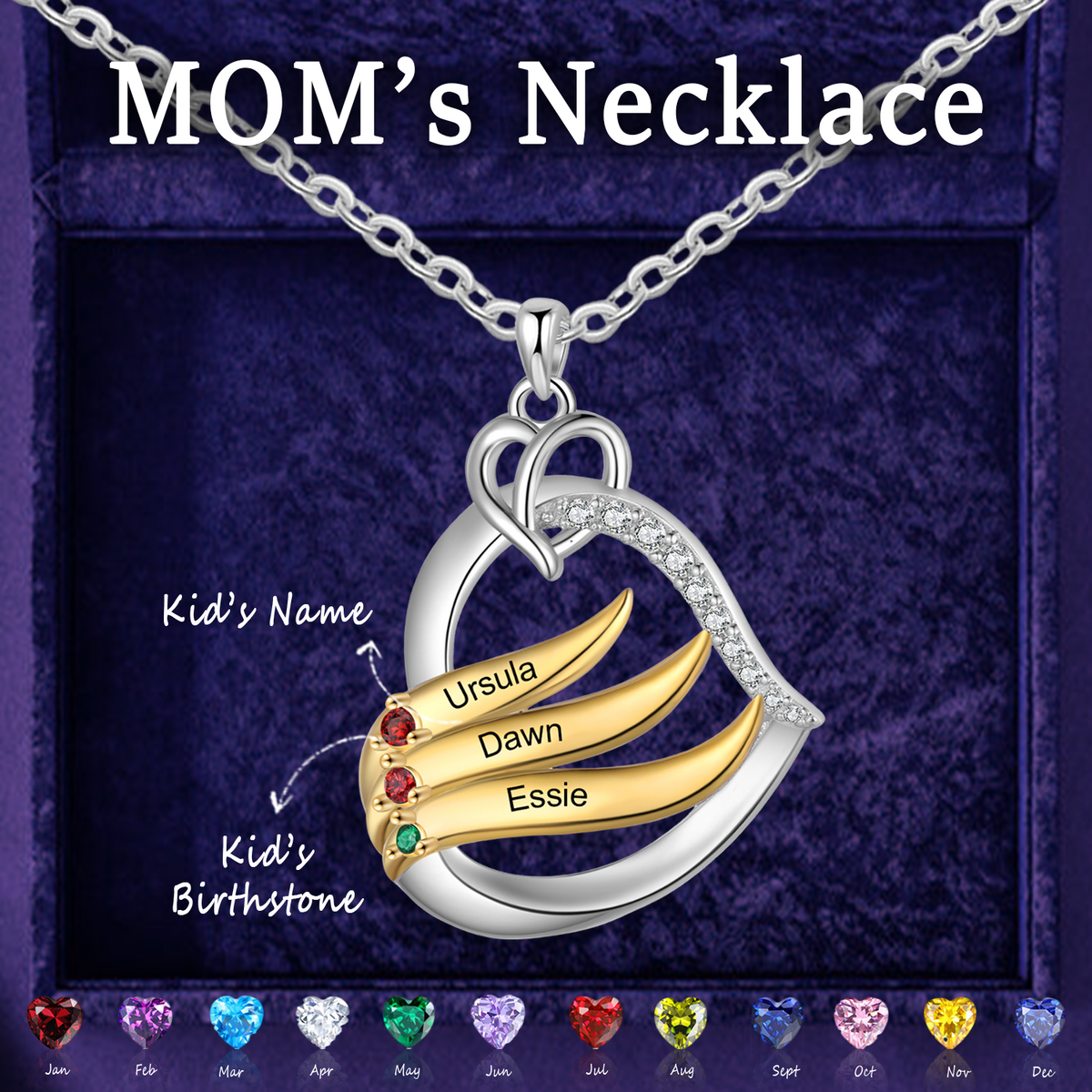 Personalized Golden Intertwined Heart Birthstone Necklace, Mother's Day Gift