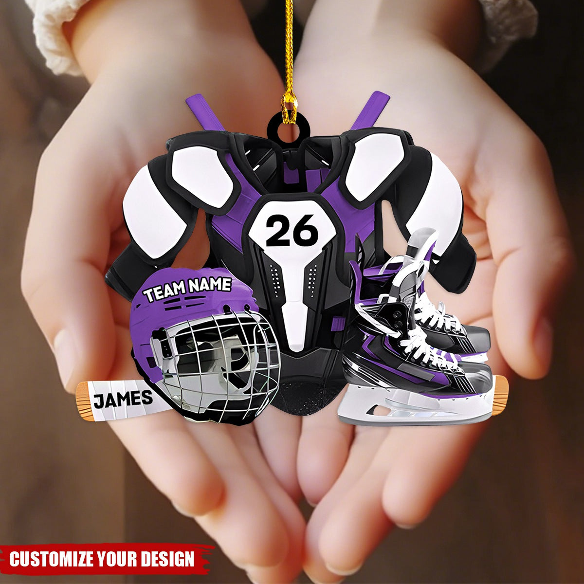 Personalized Hockey Player Ornament - Skates, Helmet, Stick - Gift for Hockey Lovers