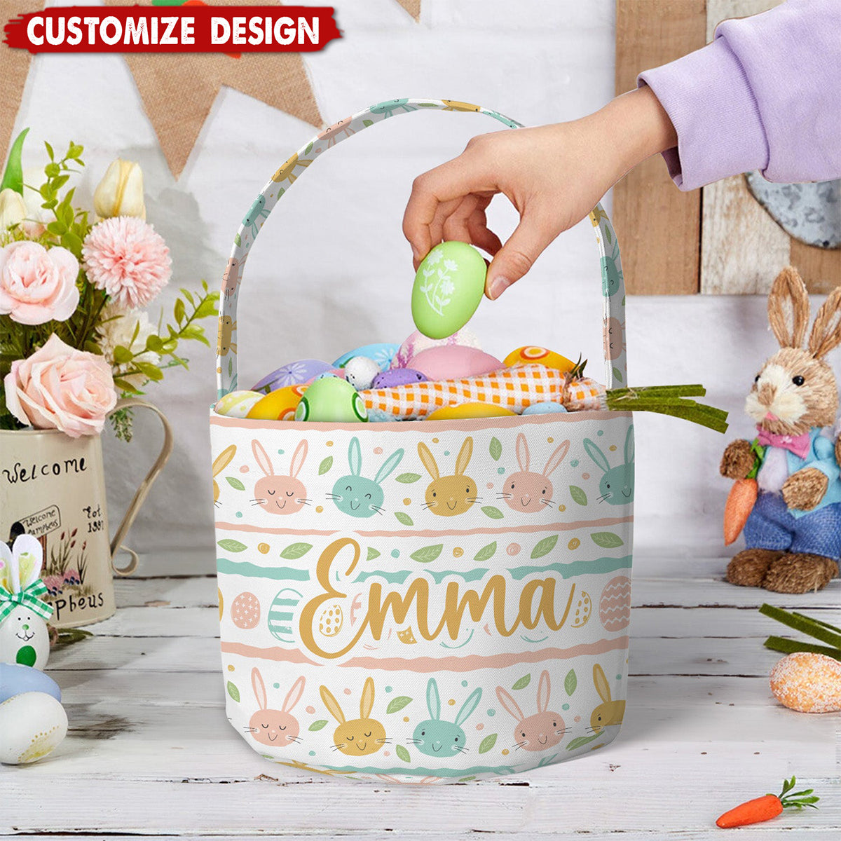 Personalized Name Easter Pattern Basket - Gift For Easter Lovers