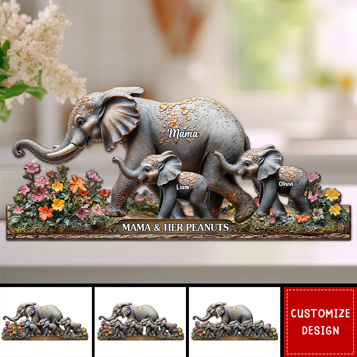 Mama And Her Peanuts - Personalized Elephant 1 Layered Big Freestanding