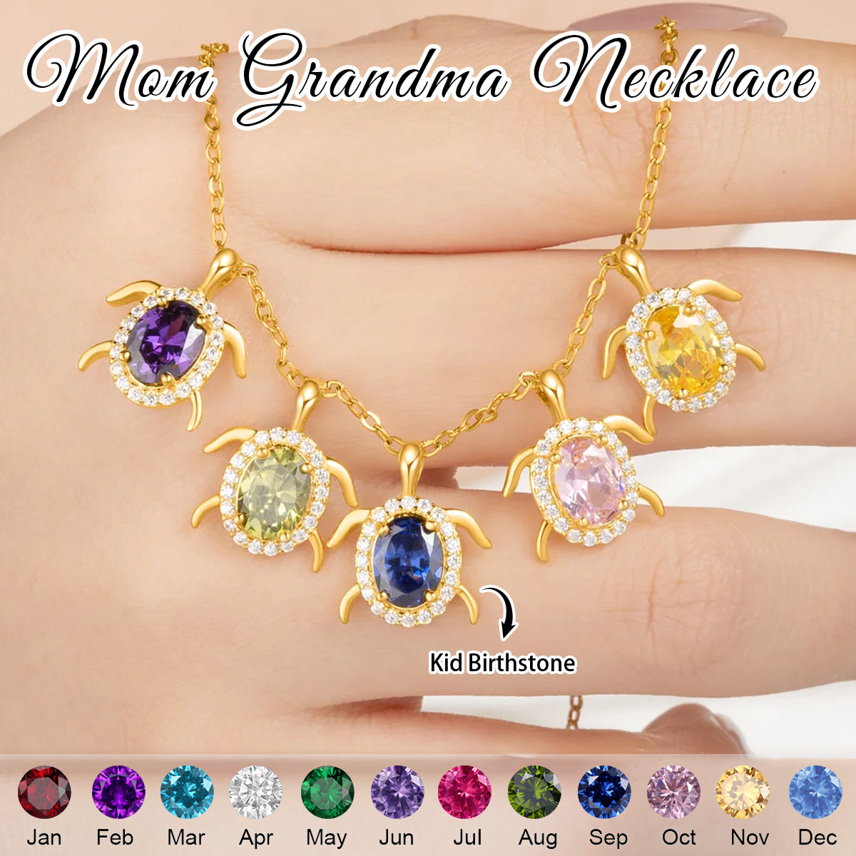 Personalized Sea Turtle Birthstones Necklace - Gift For Mom,Grandma