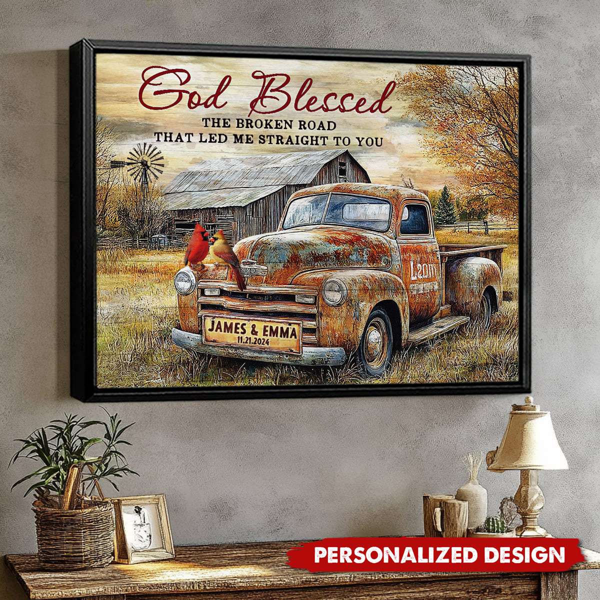 Vintage Truck And Cardinals-Personalized Poster-Gift for Couples