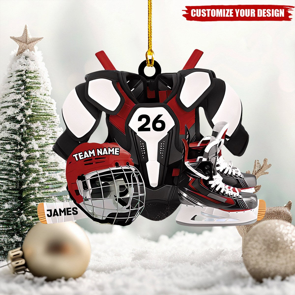 Personalized Hockey Player Ornament - Skates, Helmet, Stick - Gift for Hockey Lovers