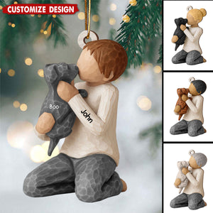 Personalized Boy Girl Hugging Dog Wooden Christmas Ornament - Gift For Dog Lovers