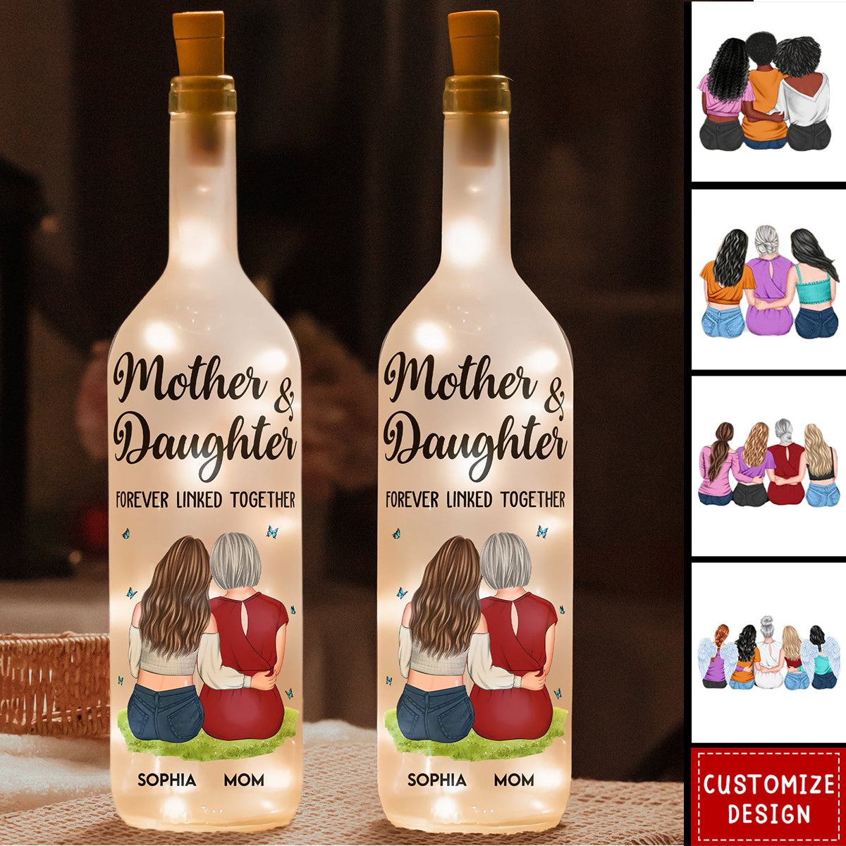 Mother And Daughter Forever Linked Together - Personalized Bottle Lamp