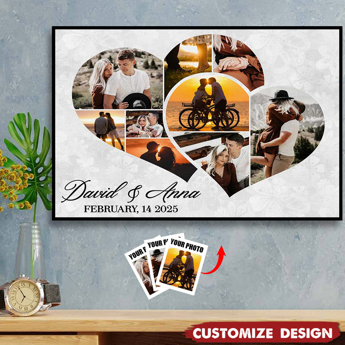 Love Story Collage - Two Hearts Entangled Photo Collage Poster - Personalized Anniversary Gift For Couples