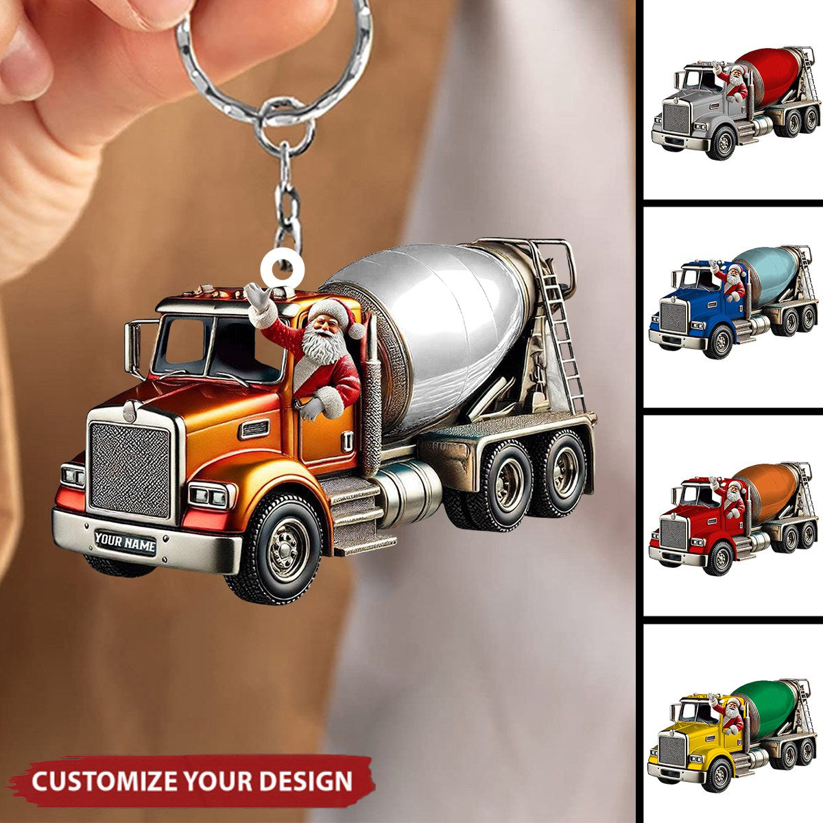 Personalized Cement Mixer Santa Keychain - Unique Holiday Gift for Construction Fans