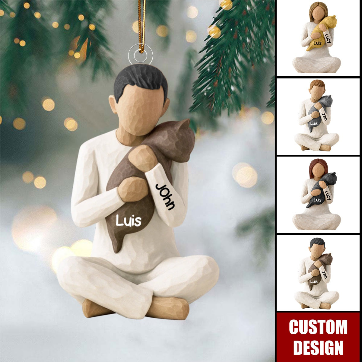 Carved Figure Hugging a Cat- Personalized Acrylic Ornament - Christmas Gift for Cat Lovers