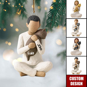 Carved Figure Hugging a Cat- Personalized Acrylic Ornament - Christmas Gift for Cat Lovers