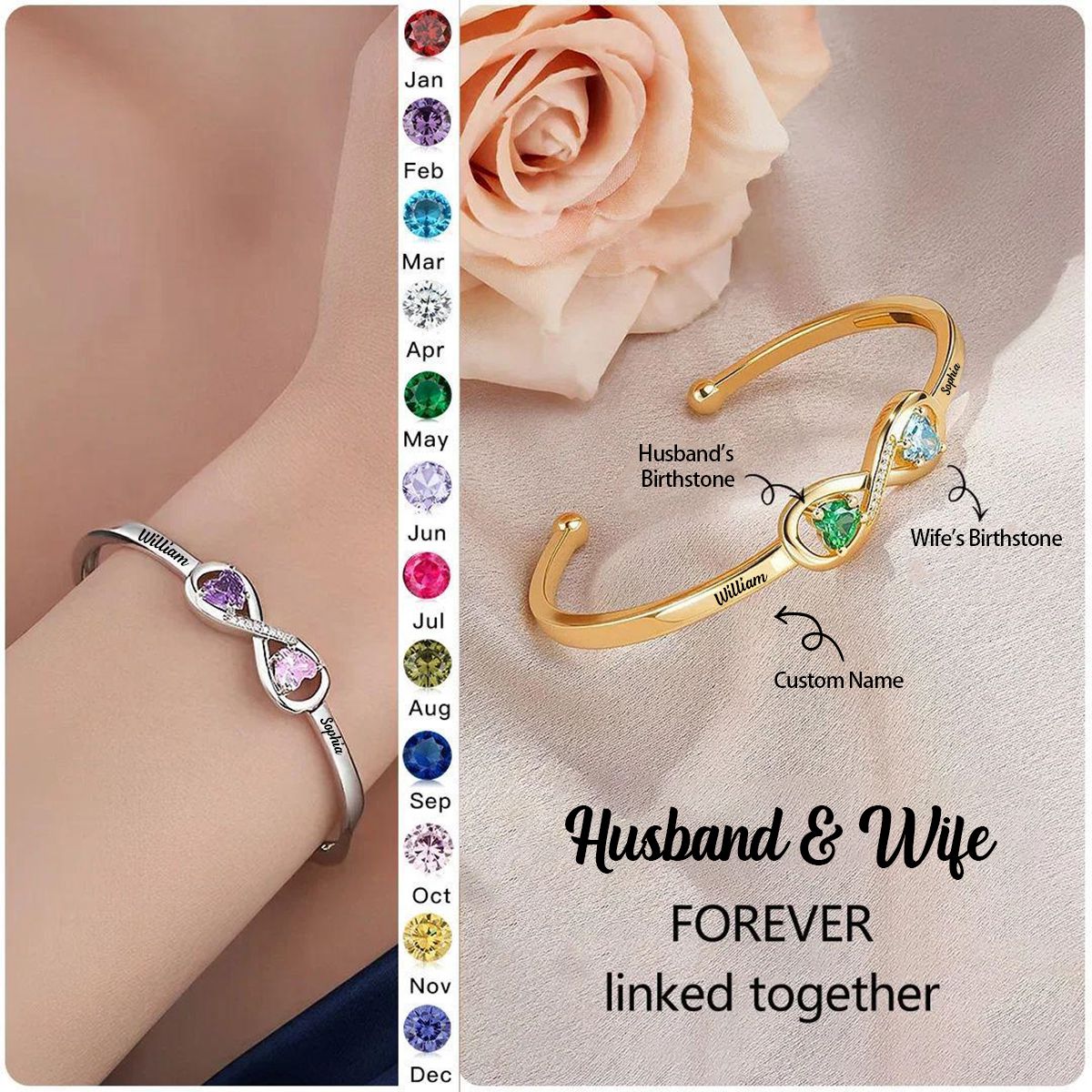 Personalized Husband & Wife Infinity Dual Birthstone Bracelet