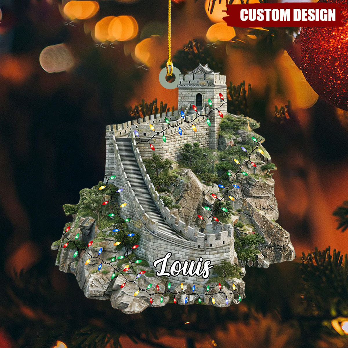 Custom Name Great Wall of China With Christmas Lights Personalized Ornament, Christmas Tree Hanging Decor, Christmas Ornament, Flat Ornament