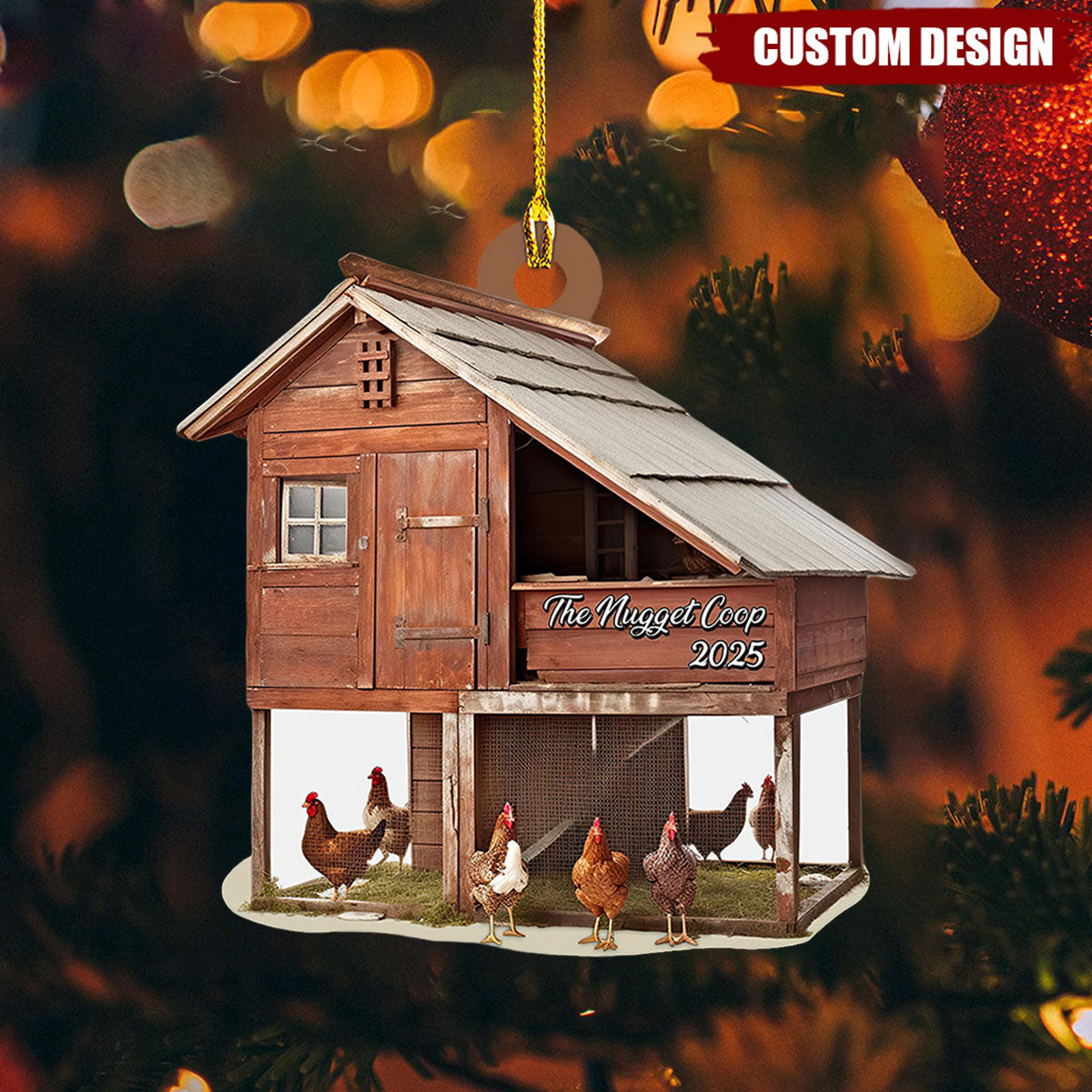 Custom Name Farmhouse Chicken Personalized Ornament, Christmas Tree Hanging Decor, Christmas Ornament, Flat 2D Ornament Wooden