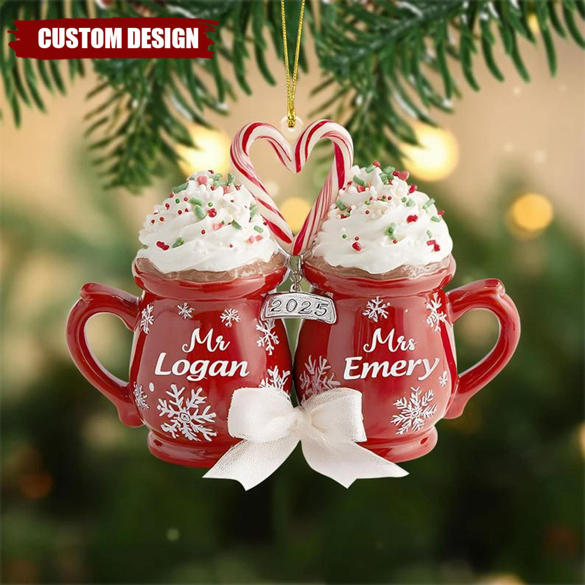 Custom Hot Cocoa Mugs Wedding Couple Christmas Ornament, Wedding Newlywed Decor, Anniversary Gifts for Bride & Groom, Married Keepsake Gift