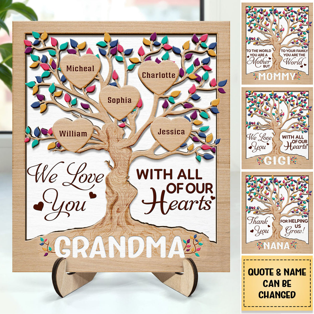 Heart Tree Mom - Personalized 2-Layered Wooden Plaque With Stand - Gift For Mother, Grandma, Auntie