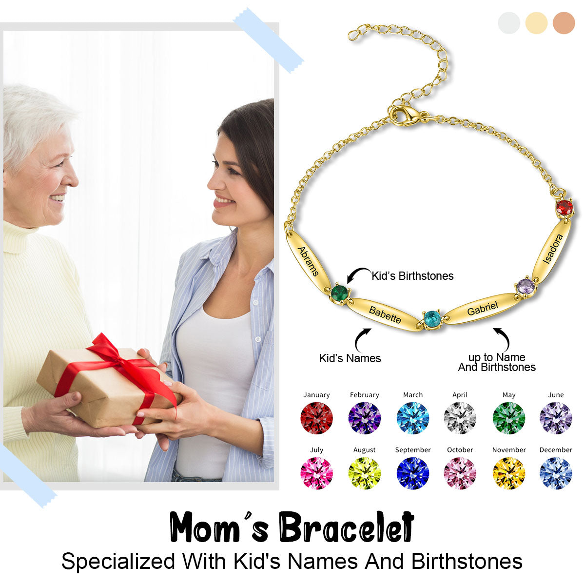 Personalized Family Name Bar Birthstone Bracelet-Gift For Mom/Grandma