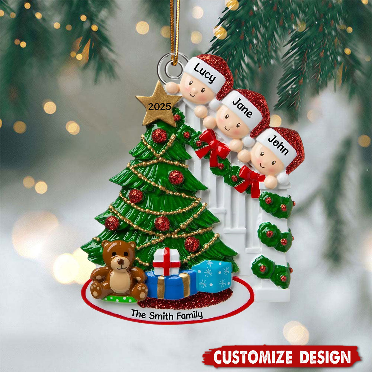 Peeking Family Personalized Flat Acrylic Christmas Tree Ornaments