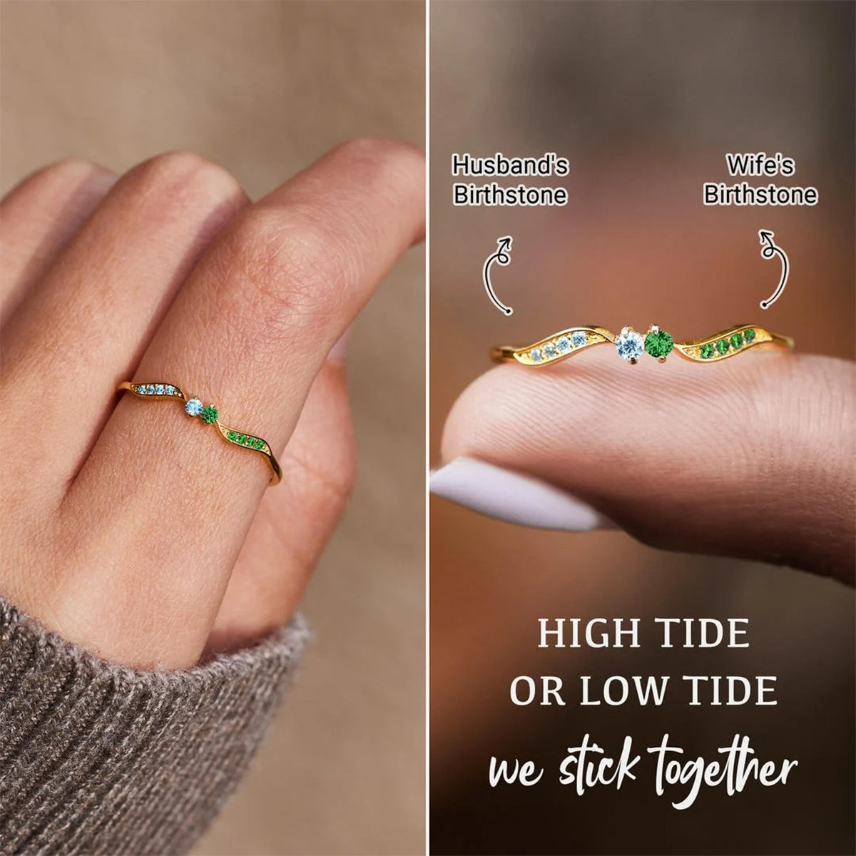 For Love - High Tide Or Low Tide Personalized Double Stone Wavy Ring