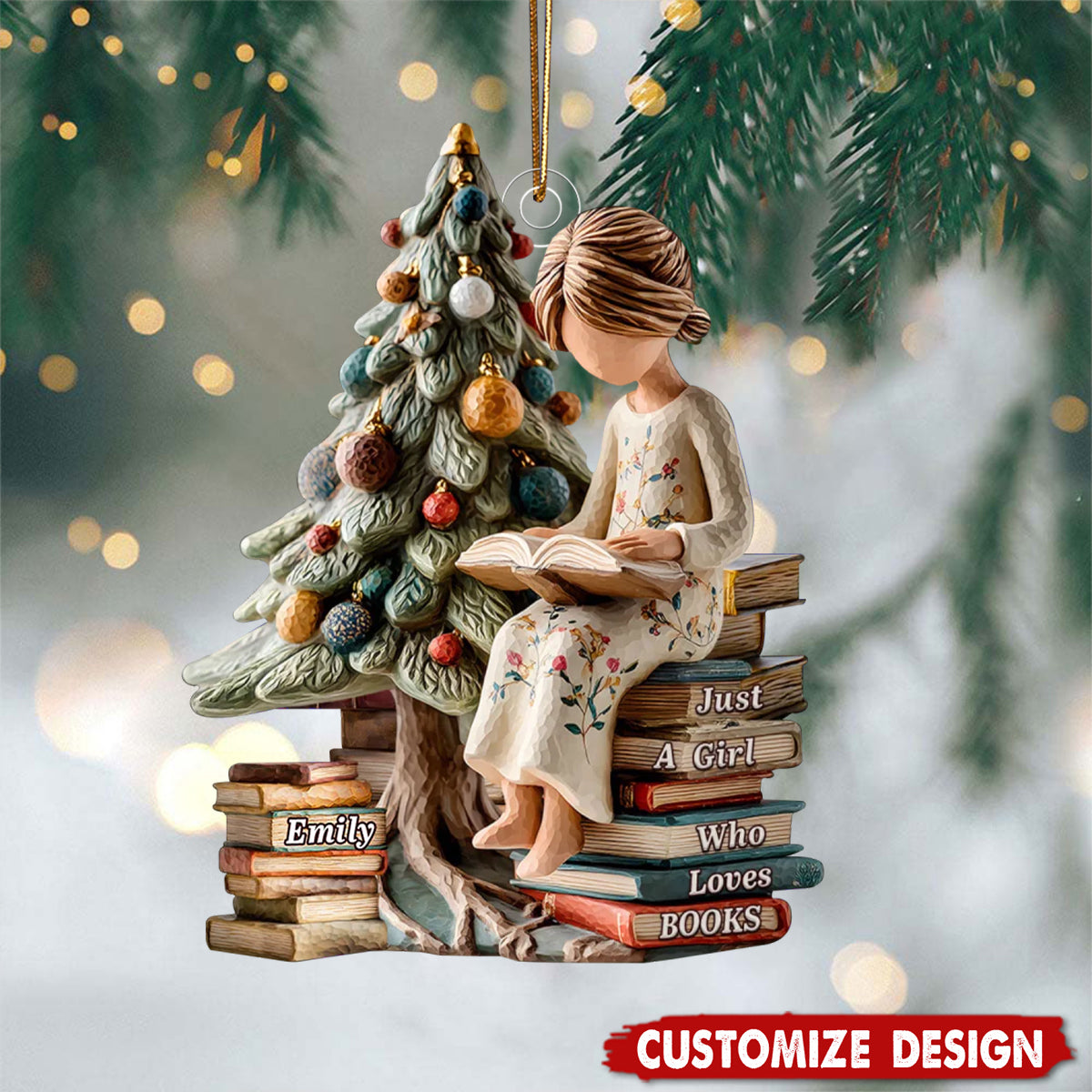 Personalized Girl Reading Book Christmas Scene Acrylic Ornament Christmas Gift For Book Lovers