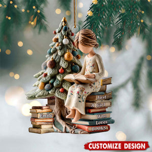 Personalized Girl Reading Book Christmas Scene Acrylic Ornament Christmas Gift For Book Lovers