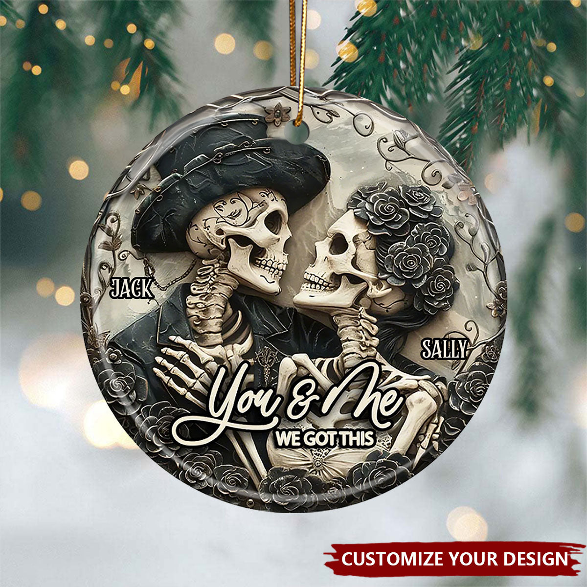 You & Me - Personalized Skull Ceramic Circle Ornament