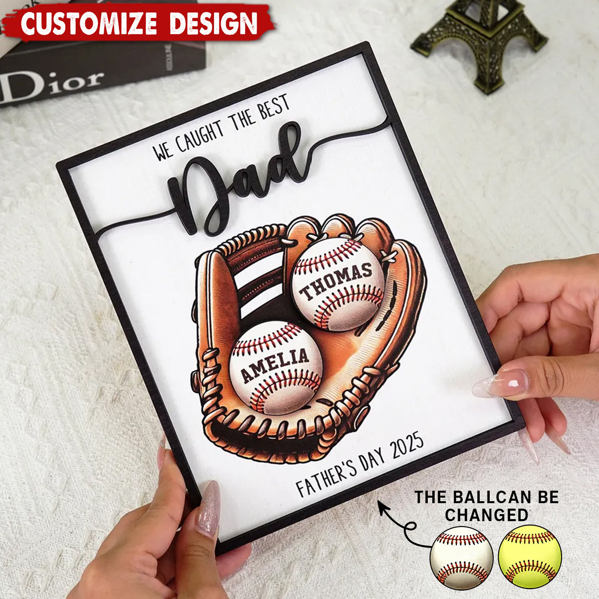 Personalized 2-Layered Wooden Plaque, Father’s Day Gift We Caught The Best Dad Baseball, Softball