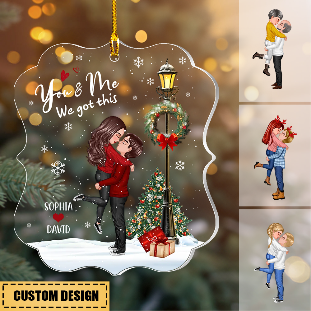 Winter Couple Hugging Kissing Snow Personalized Acrylic Ornament
