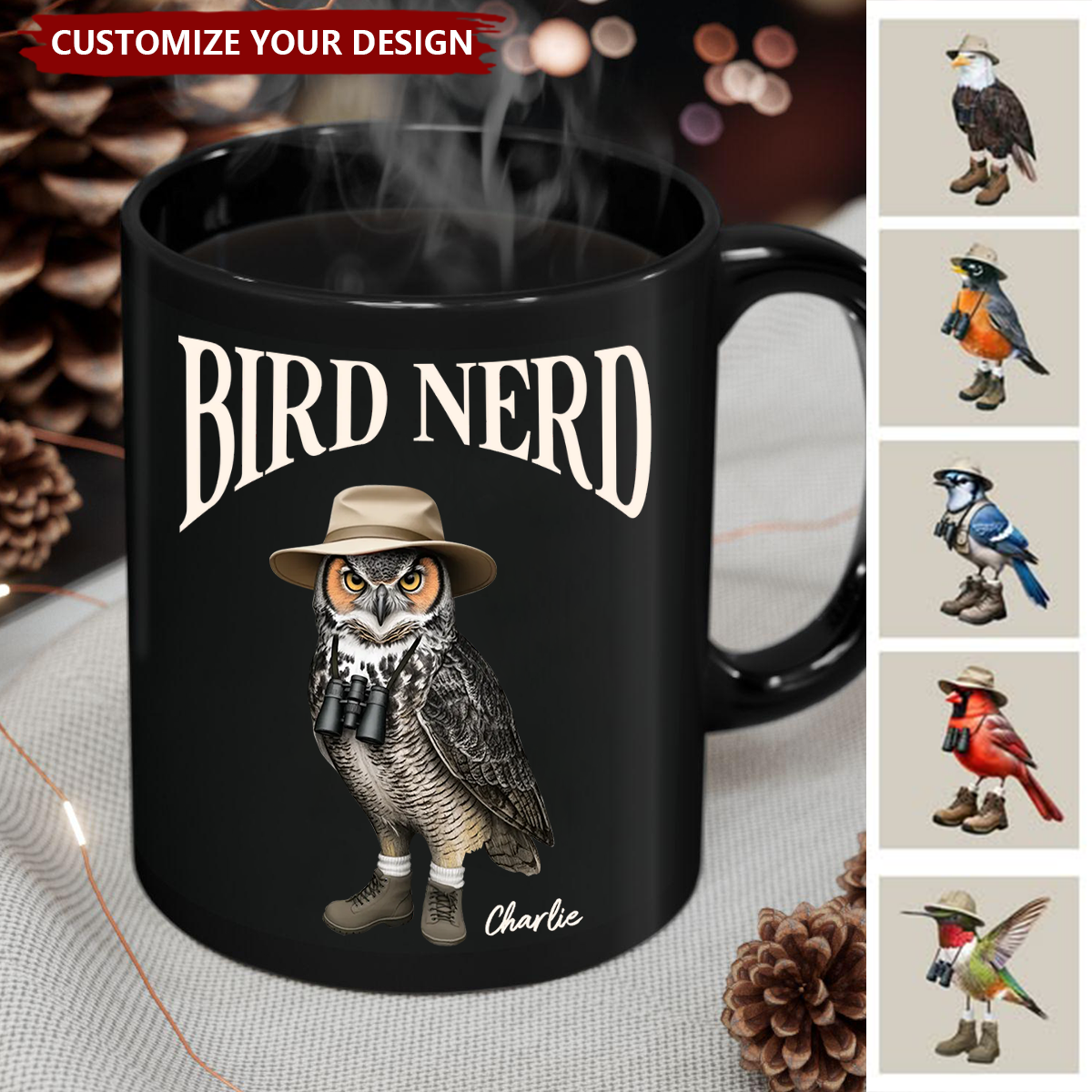 Bird Nerd Funny Bird Watcher Personalized Black Mug, Bird Twitcher Gift for Bird Lover