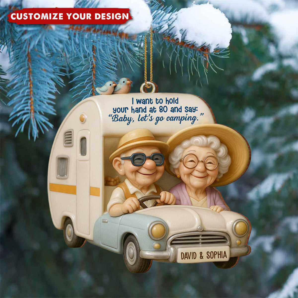 Hold Your Hand At 80, Baby Let’s Go Camping, Persoanlized Wood Ornament, Gift For Elderly Couples