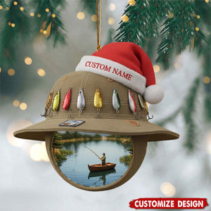 Personalized  Hat & Lake Scene Fishing Christmas Ornament - Gift for Fisherman