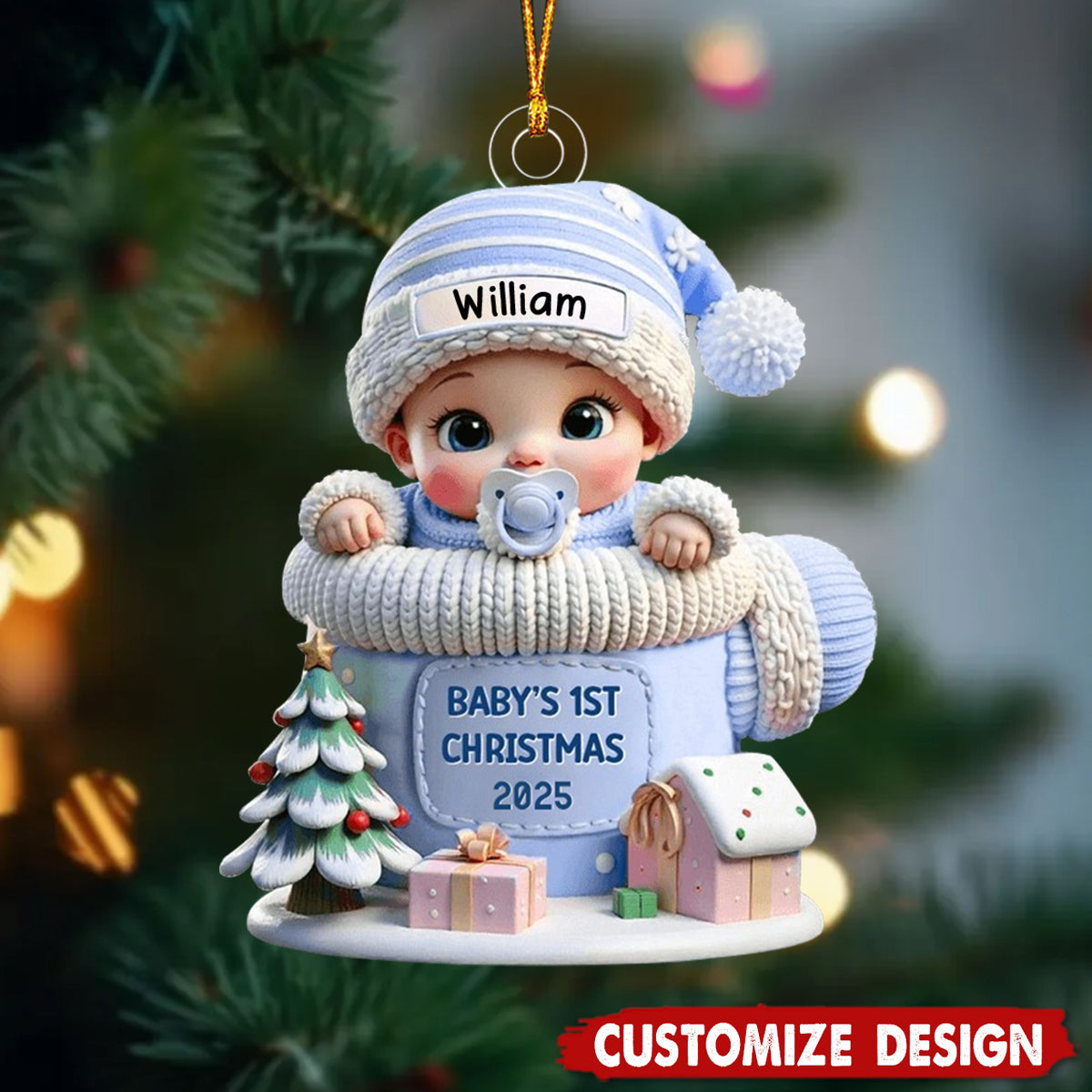 Baby In Mitten Baby's First Christmas Personalized Acrylic Flat Ornament