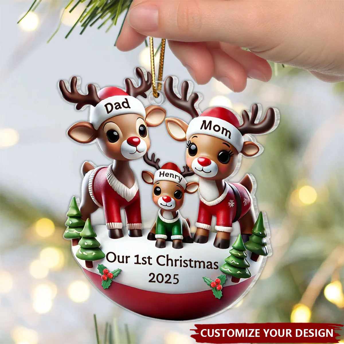 Reindeer Family 3D Effect Cute Christmas Decor Personalized Acrylic Ornament