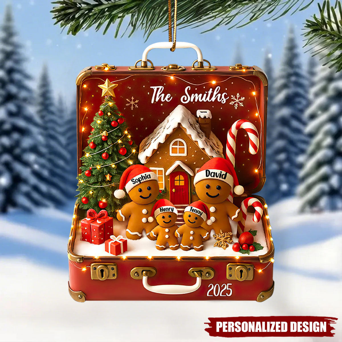 Gingerbread Family Vintage Suitcase-Personalized Acrylic Ornament