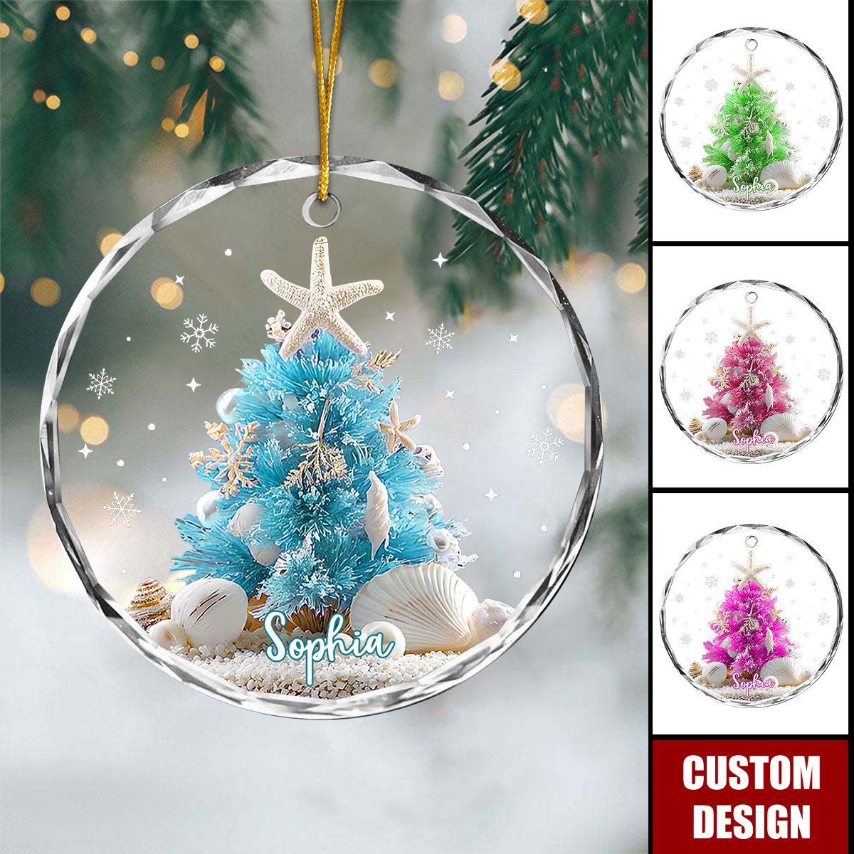Personalized Sea Theme Christmas Ornament, Coastal Blue Tree With Seashells & Starfish