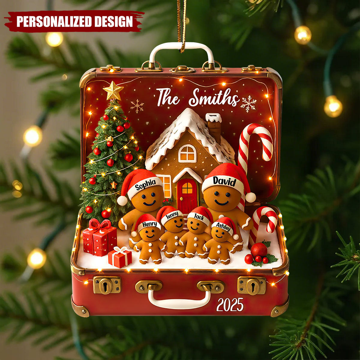 Gingerbread Family Vintage Suitcase-Personalized Acrylic Ornament