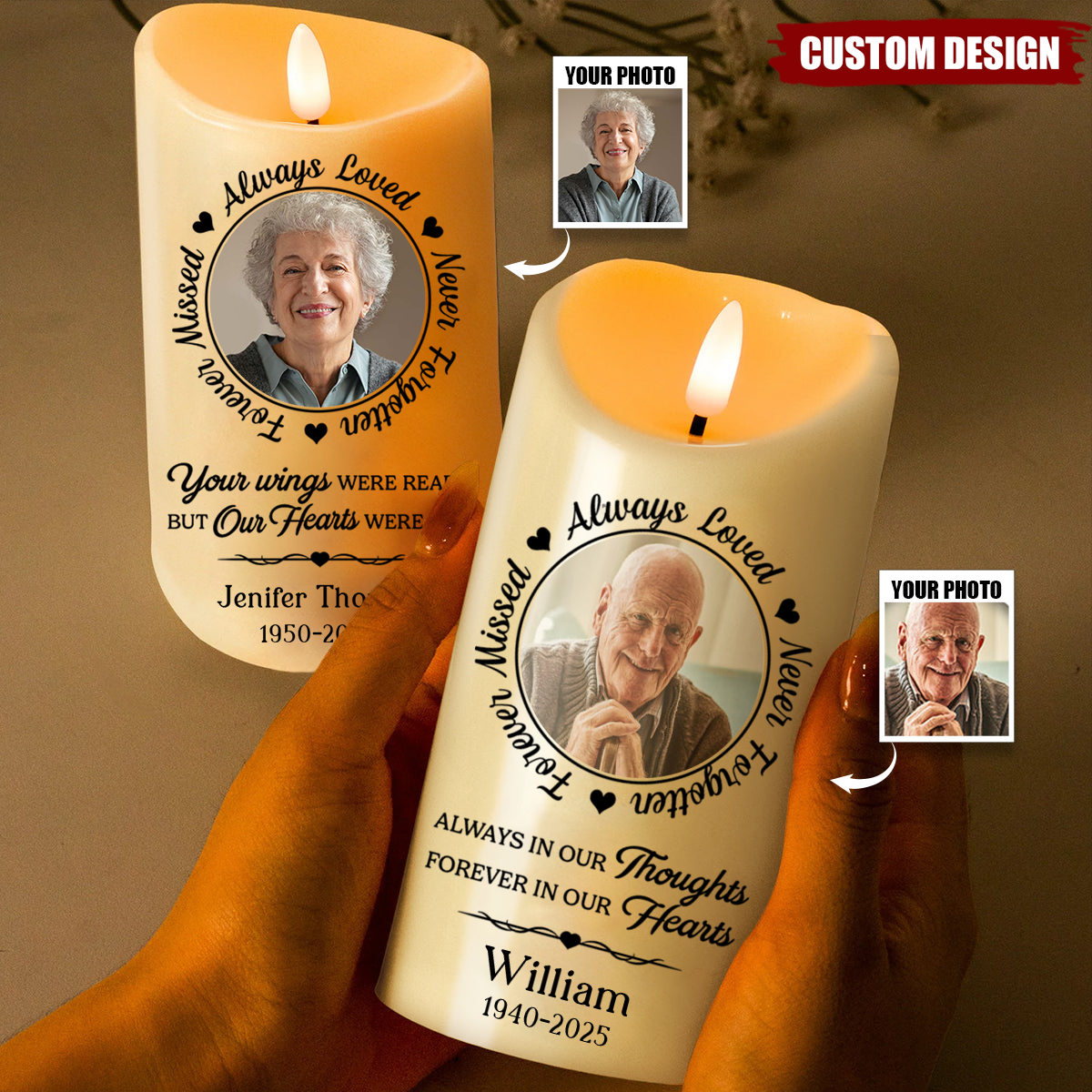 Always In Our Thoughts - Memorial Personalized LED Candle, Sympathy Gift For Family