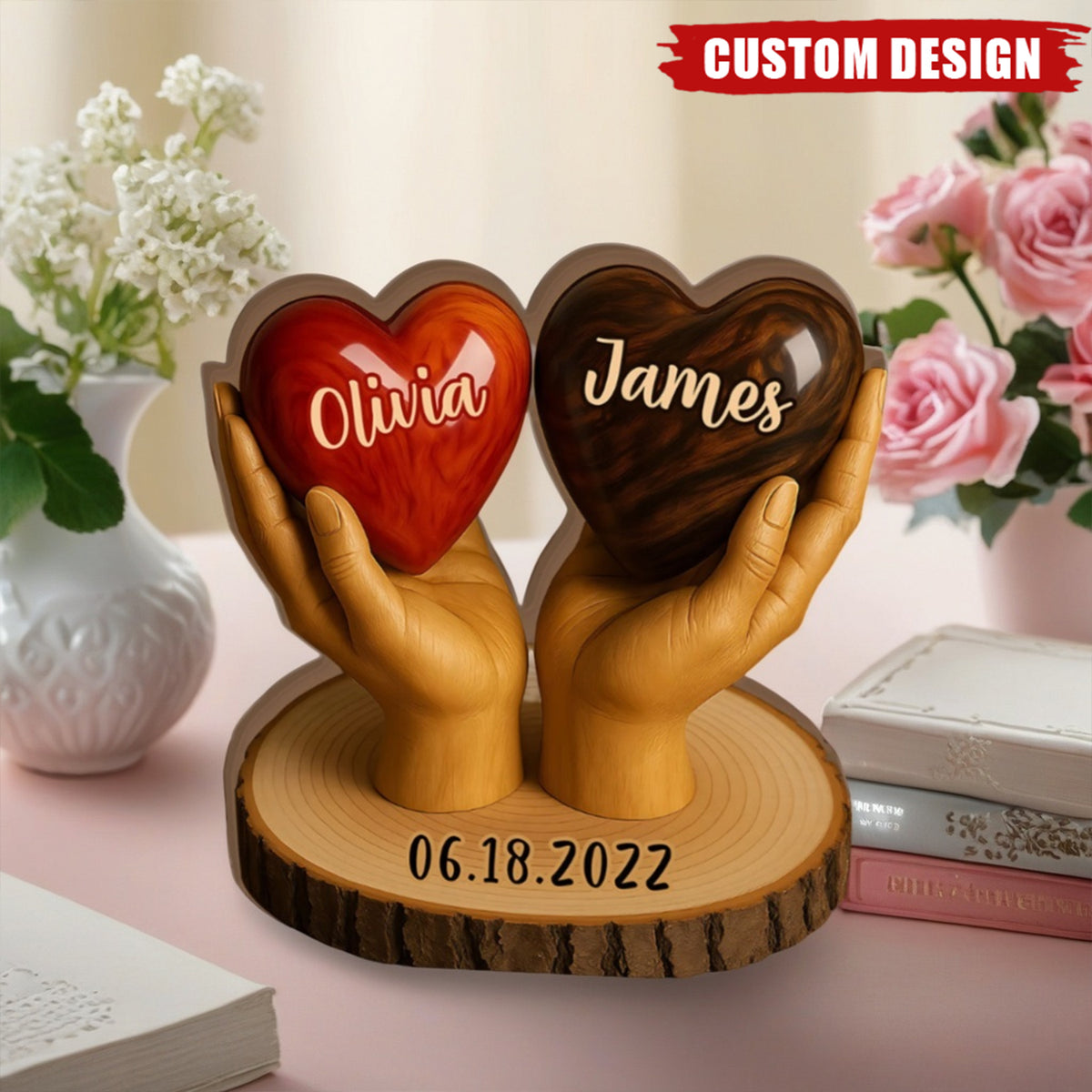Two Hearts One Love - Personalized Couple Shaped Wood Plaque