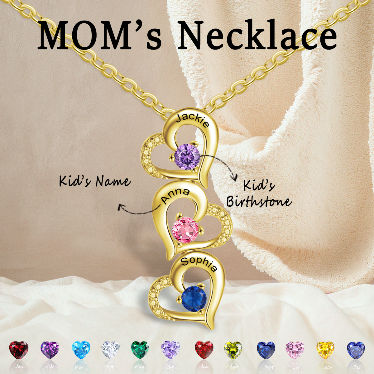 Personalized Heart Birthstone Necklace, Mother's Day Gift