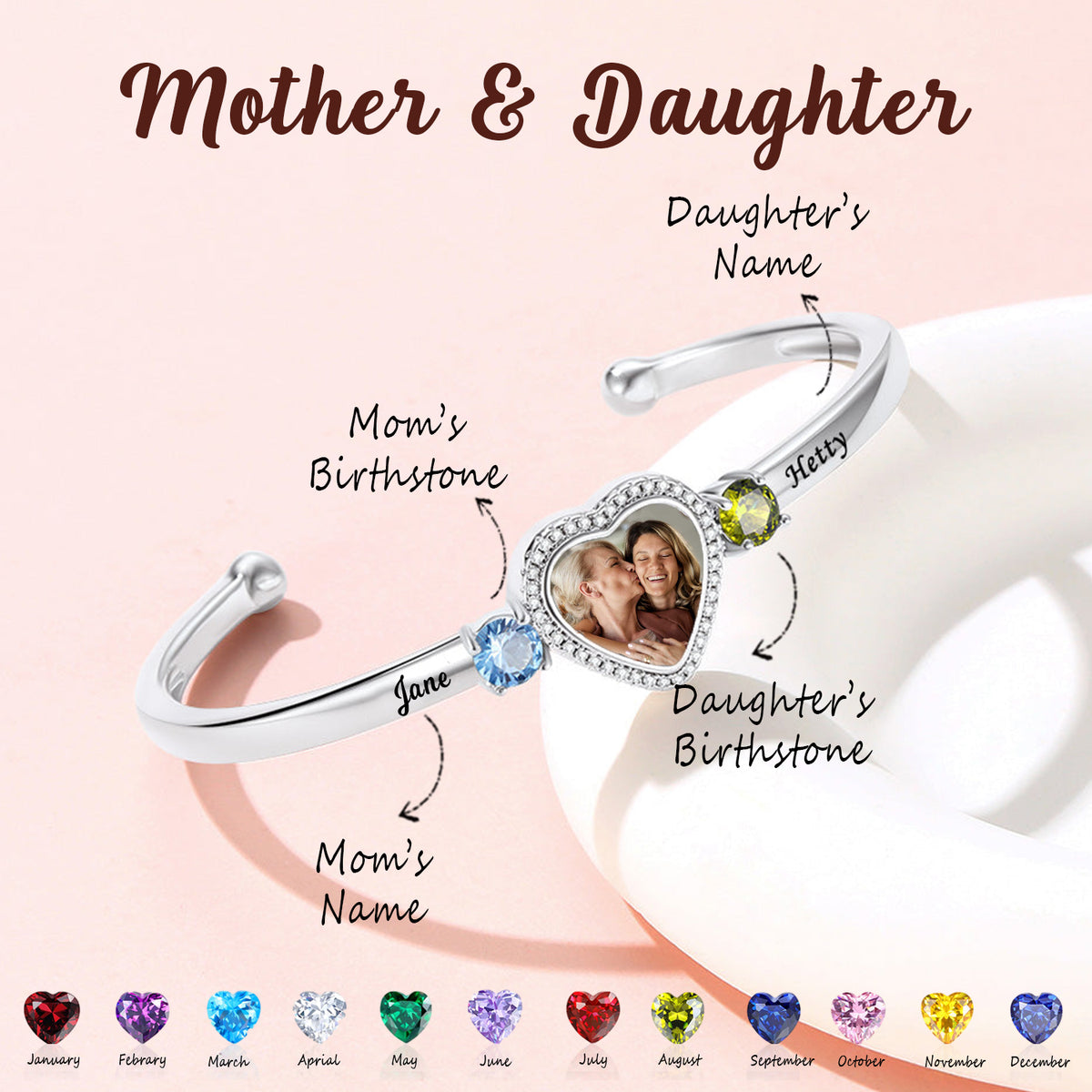 Personalized Heart Birthstone Bracelet-Gift For Mom, Grandma