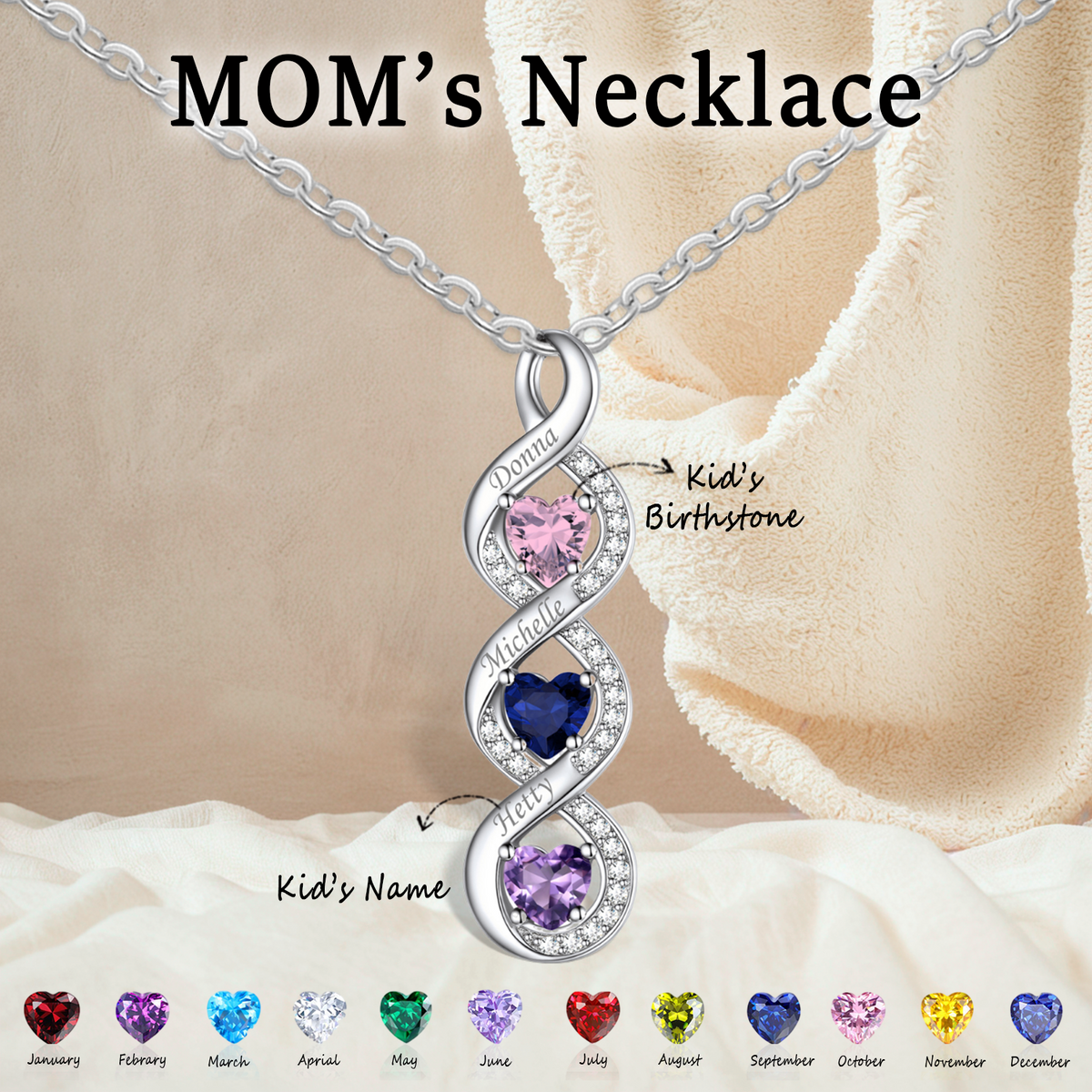 Personalized Infinity Heart Birthstone Necklace, Mother's Day Gift