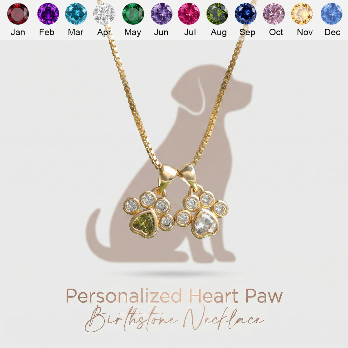 Personalized Heart Paw Birthstone Necklace - Gift For Dog Cat Lovers