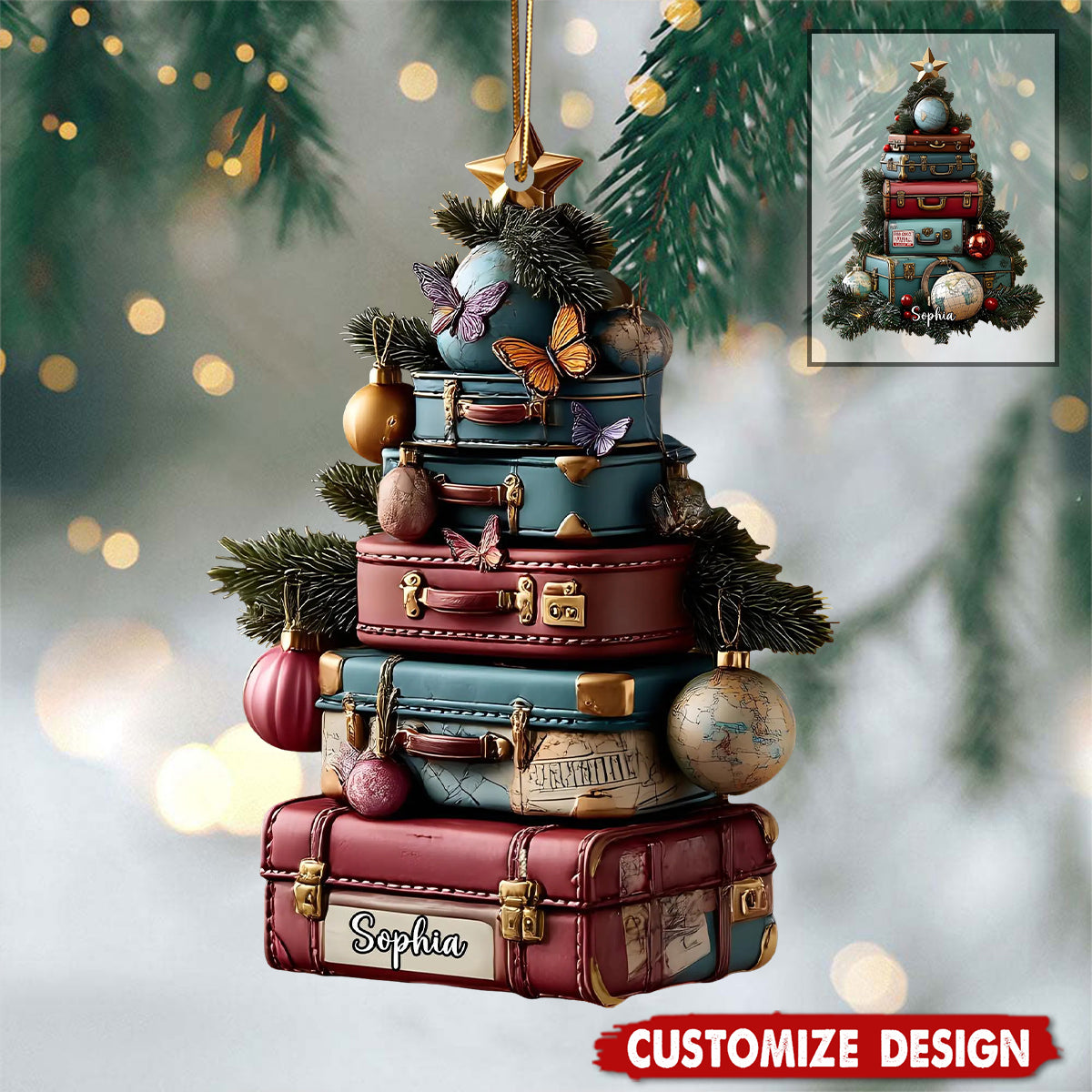 Personalized Travel Suitcase Christmas Ornament - Gift For Traveler