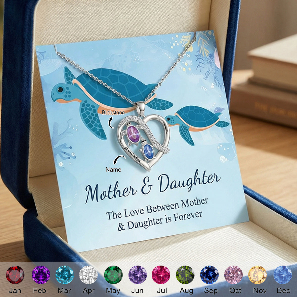 Personalized Mom&Daughter Sea Turtle Birthstone Name Heart Necklace - Gift For Mom Daughter
