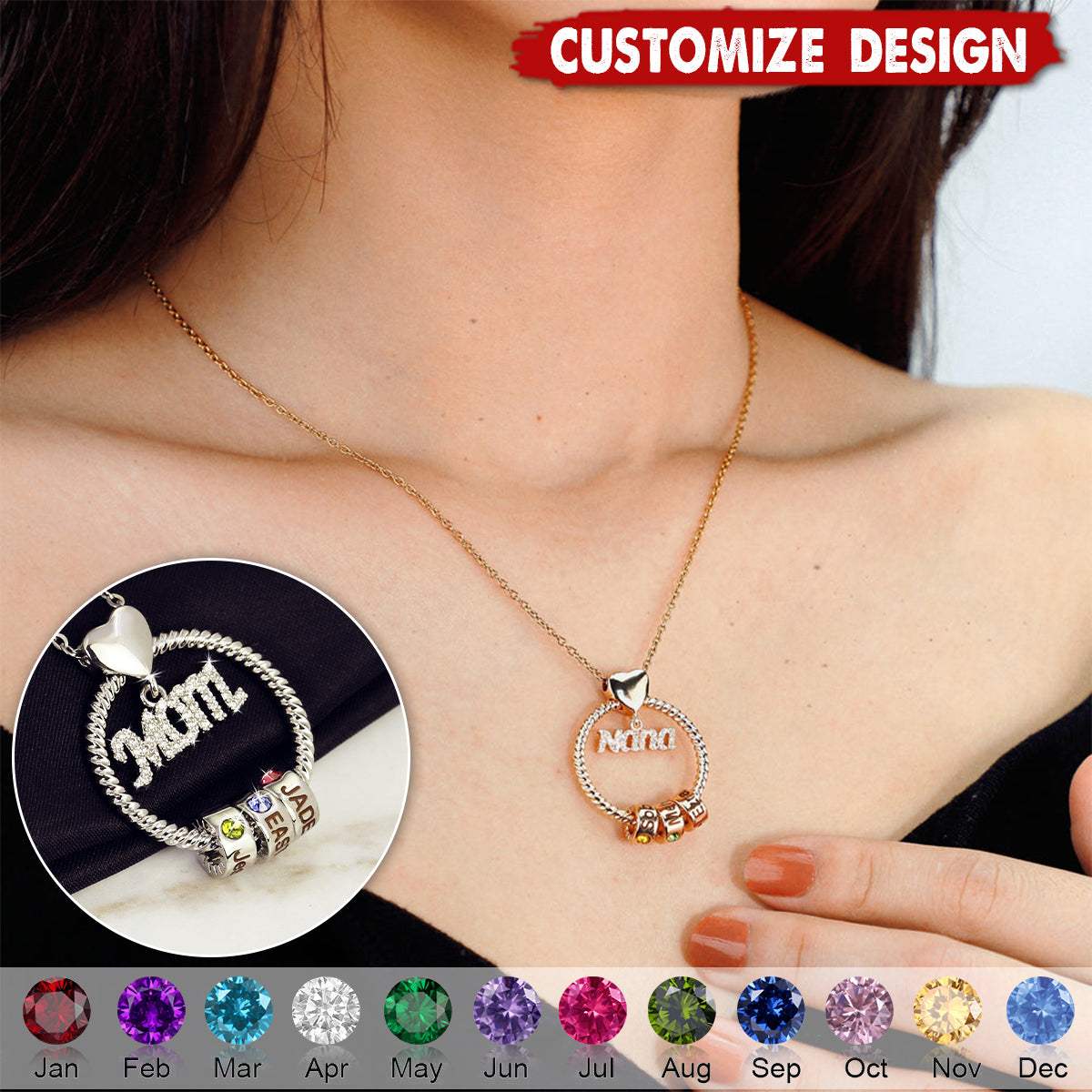 Personalized Circle Pendant With Birthstone Beads Necklace - Gift For Mom Grandma
