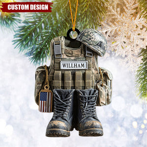 Military Uniform Ornament, Boots & Helmet Personalized Flat Ornament, Custom Veteran Ornament, Military Xmas Gift For Dad, 2D Flat Ornament