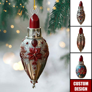 Personalized Red Jewel-Encrusted Glam Lipstick Christmas Ornament - Gift For Beauty Lovers