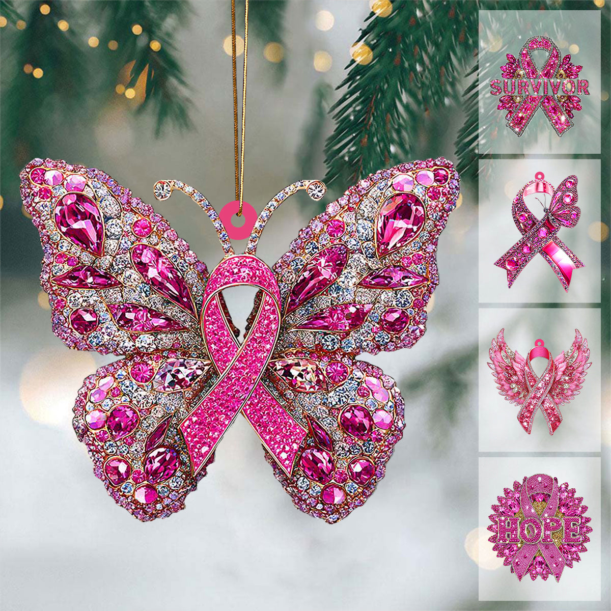 Pink Ribbon Wing Acrylic Ornament, Christmas Breast Cancer Ornament, Breast Cancer Fighter Ornament, Breast Cancer Survivor Decor