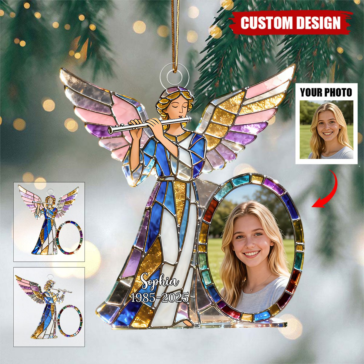 Personalized stained glass angel flute themed photo ornament